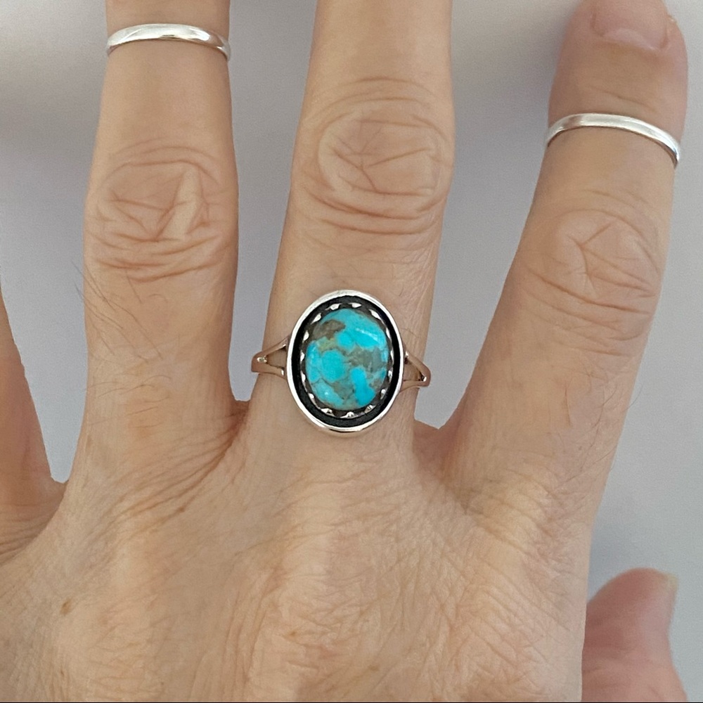 Sterling Silver Round Genuine Turquoise Ring, Stone Ring, Silver Ring, Boho Ring - Picture 8 of 13